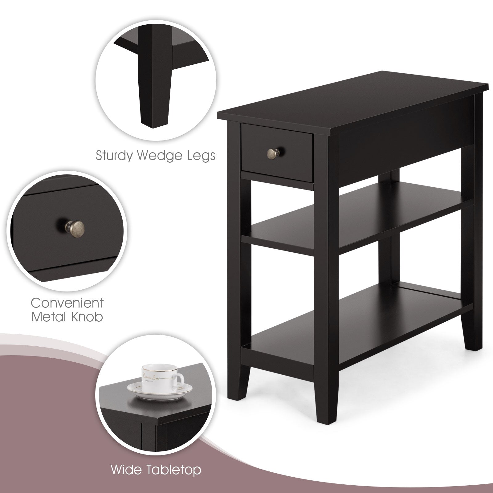 3-Tier Nightstand Bedside Table Sofa Side with Double Shelves Drawer-Coffee