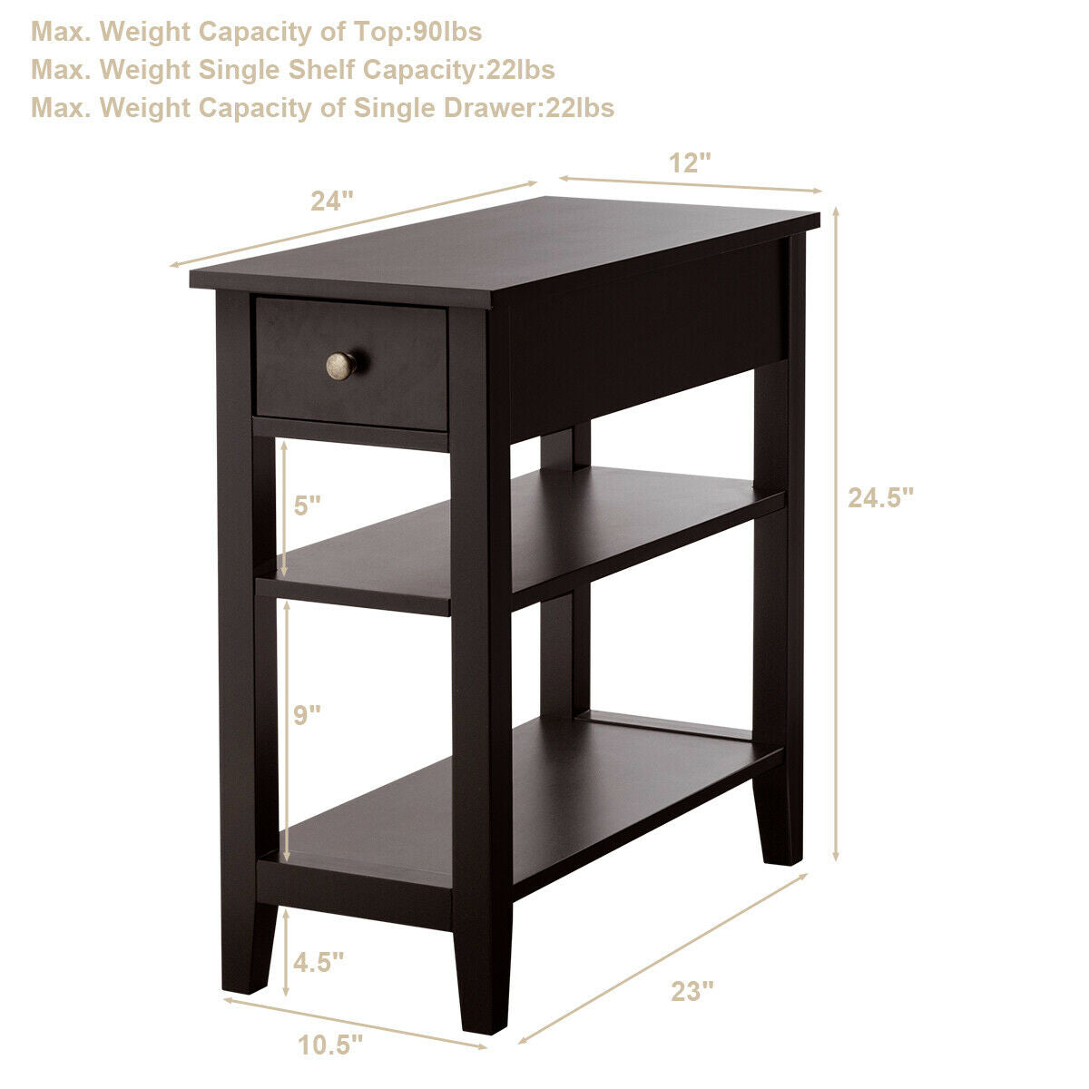 3-Tier Nightstand Bedside Table Sofa Side with Double Shelves Drawer-Coffee