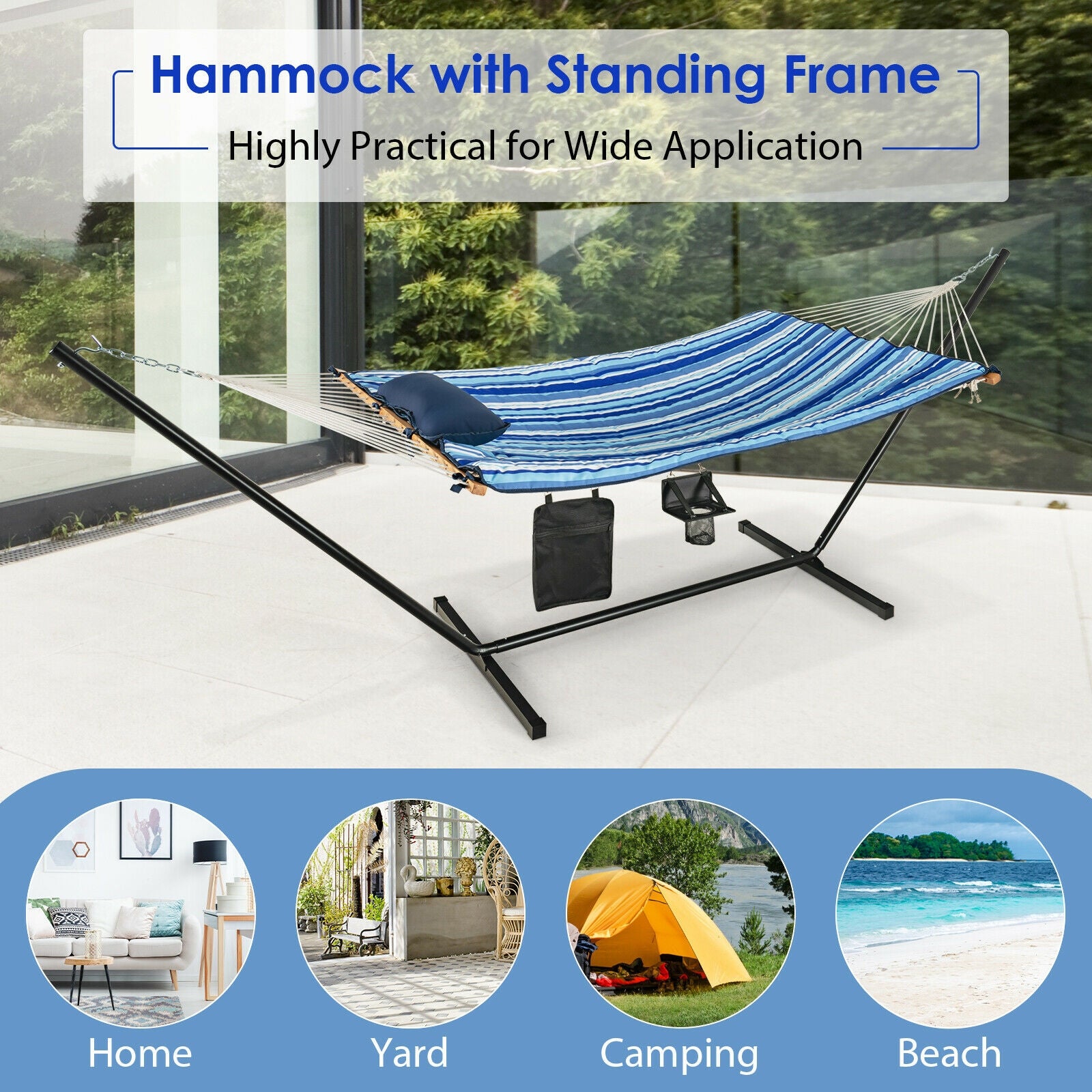 Hammock Chair Stand Set Cotton Swing with Pillow Cup Holder Indoor Outdoor