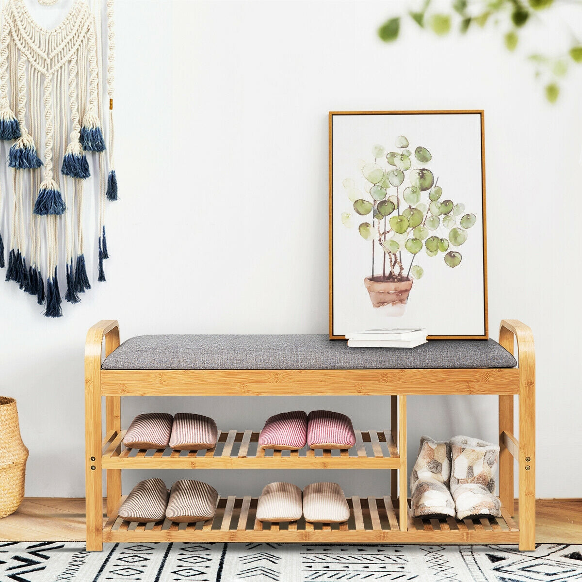 3-Tier Bamboo Shoe Rack Bench with Cushion-Natural