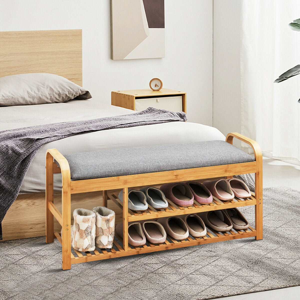 3-Tier Bamboo Shoe Rack Bench with Cushion-NaturalÂ 