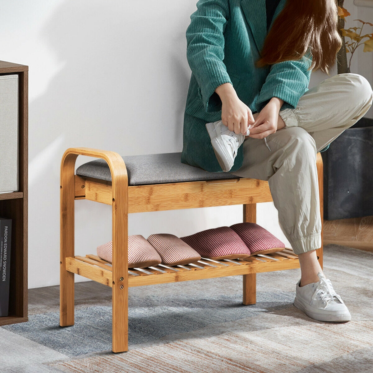 Shoe Rack Bench Bamboo with Storage Shelf -NaturalÂ 