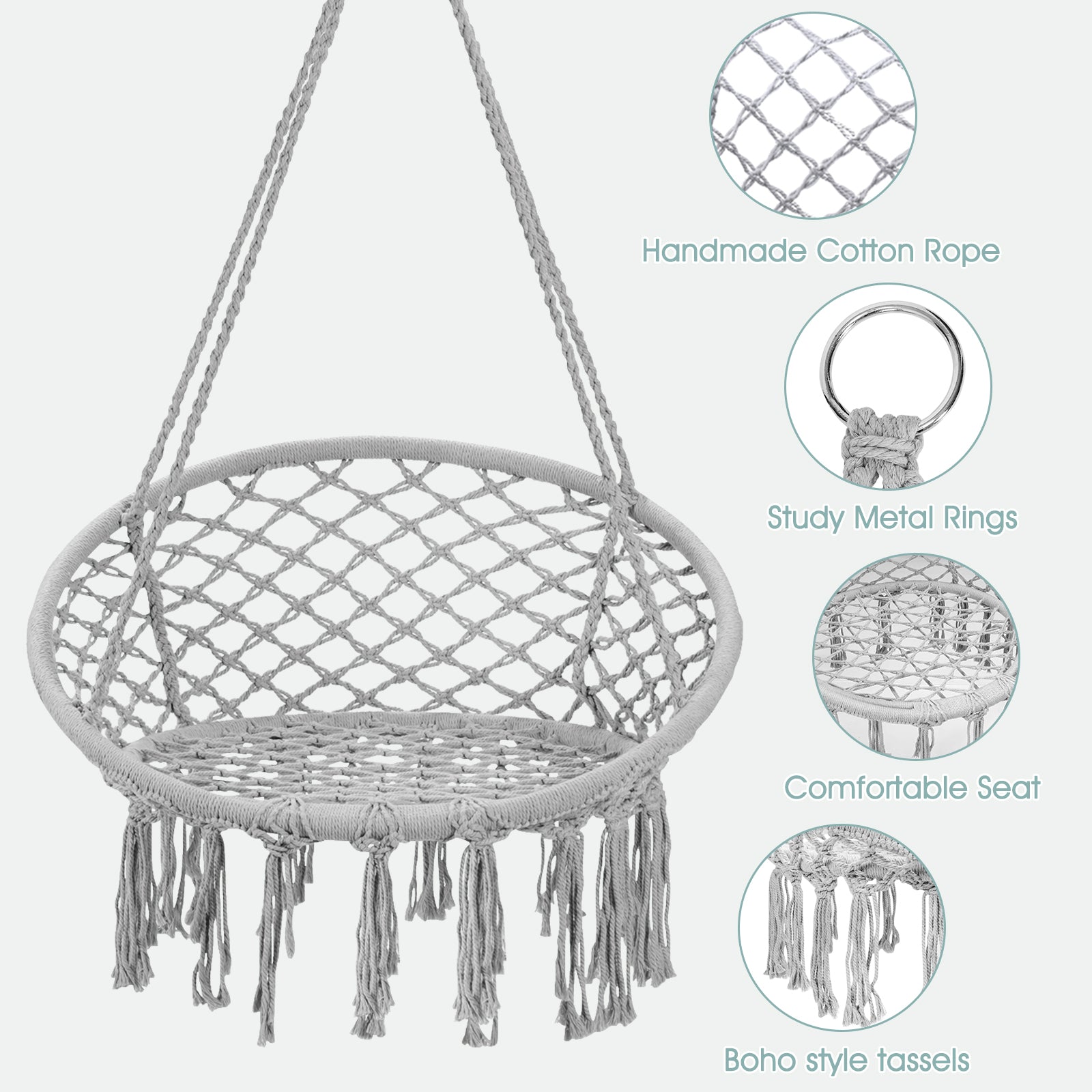 Hanging Macrame Hammock Chair with Handwoven Cotton Backrest-Gray