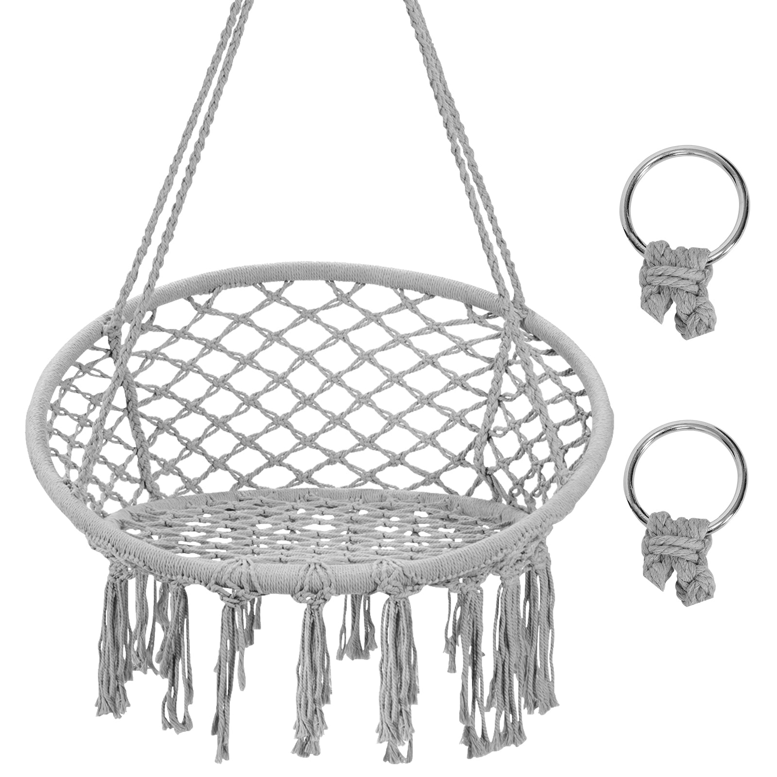 Hanging Macrame Hammock Chair with Handwoven Cotton Backrest-Gray