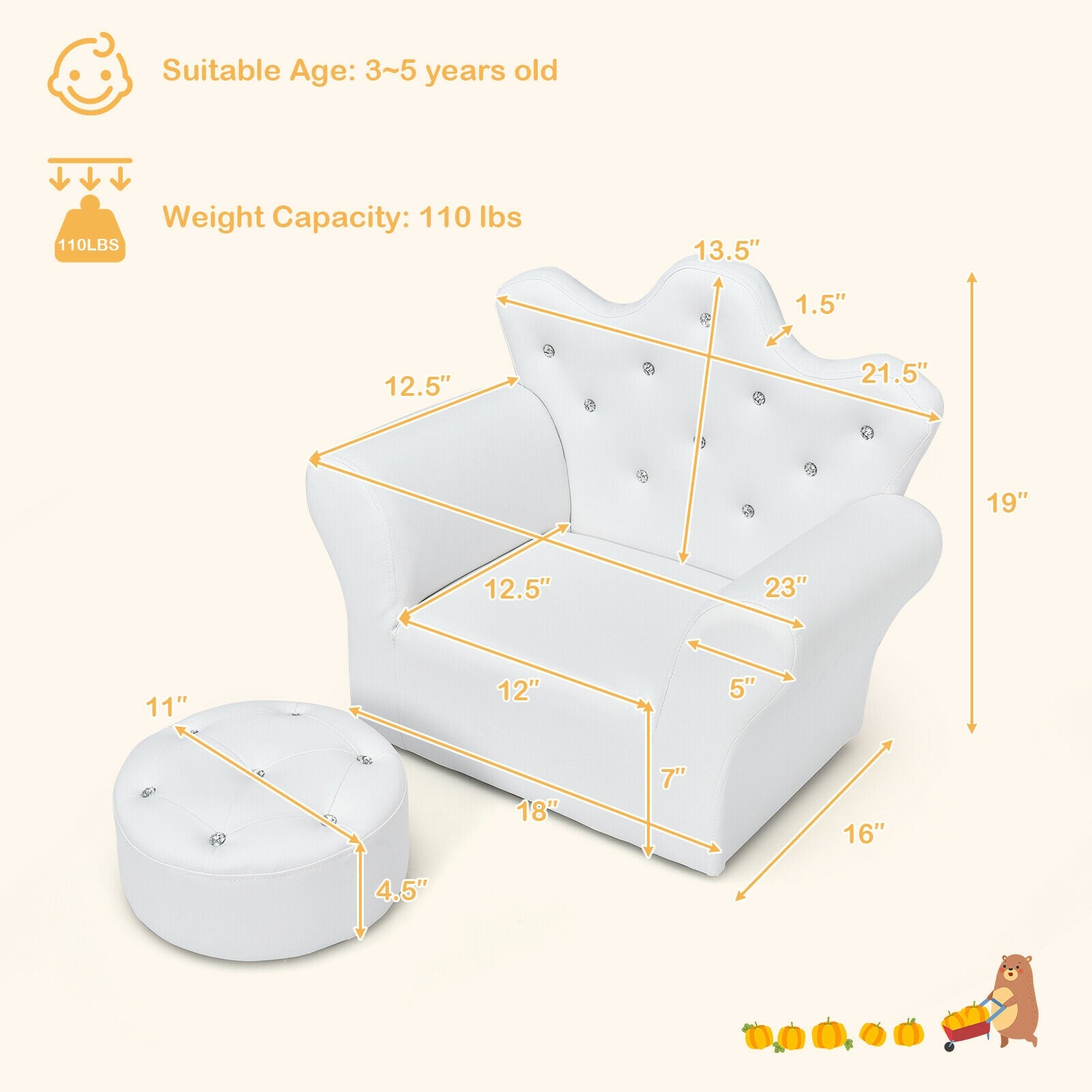 Children Upholstered Princess Sofa with Ottoman and Diamond Decoration for Boys and Girls-White