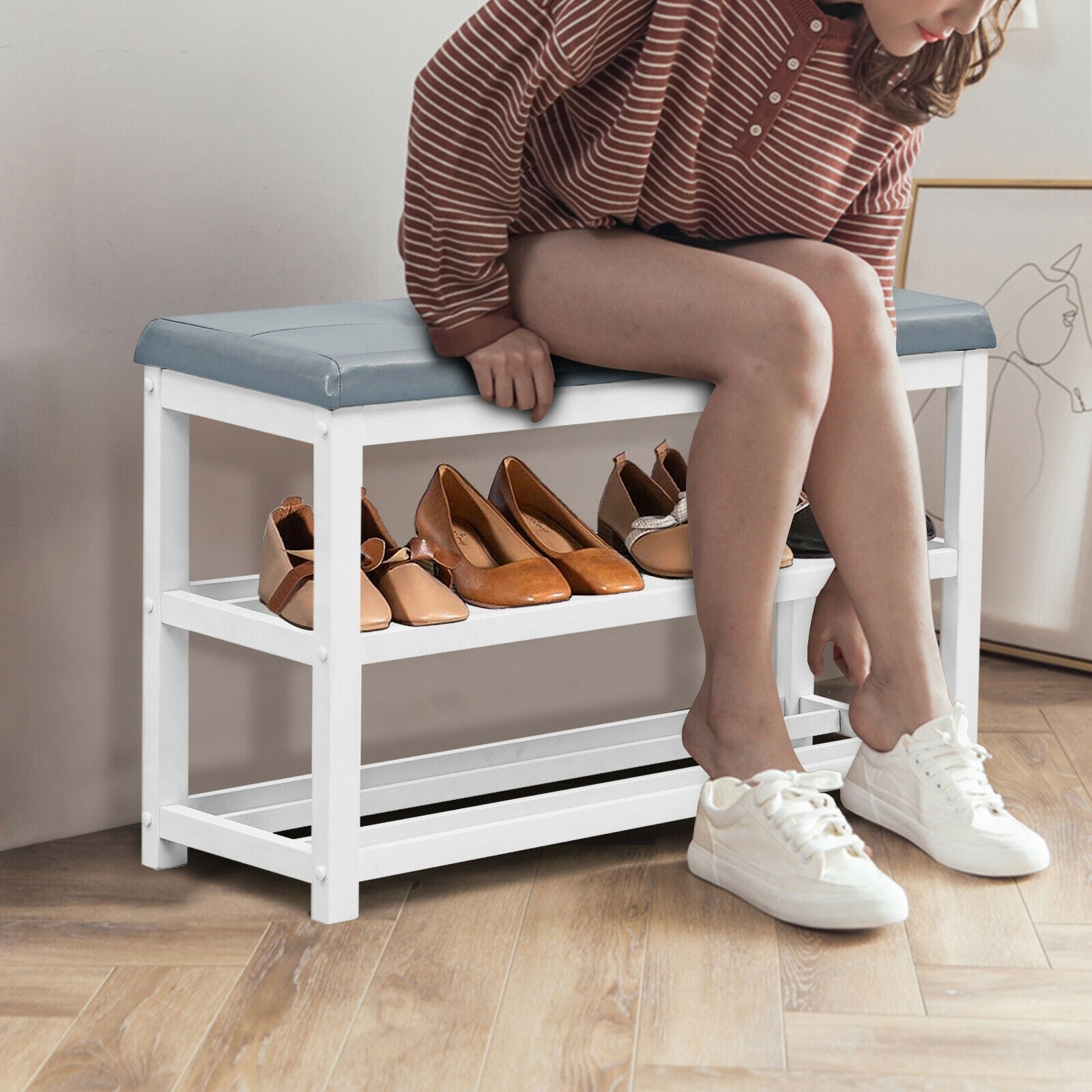 2-Tier Wooden Shoe Rack Bench with Padded Seat-White