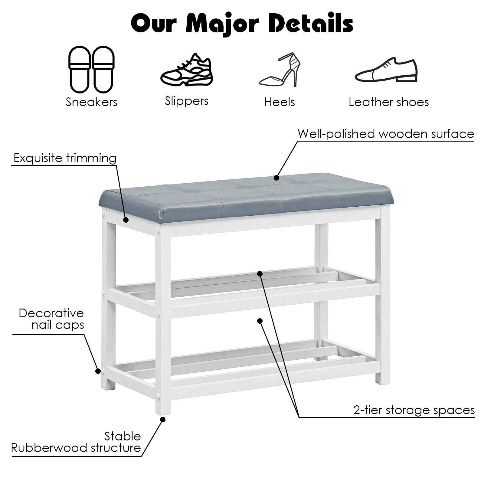 2-Tier Wooden Shoe Rack Bench with Padded Seat-White