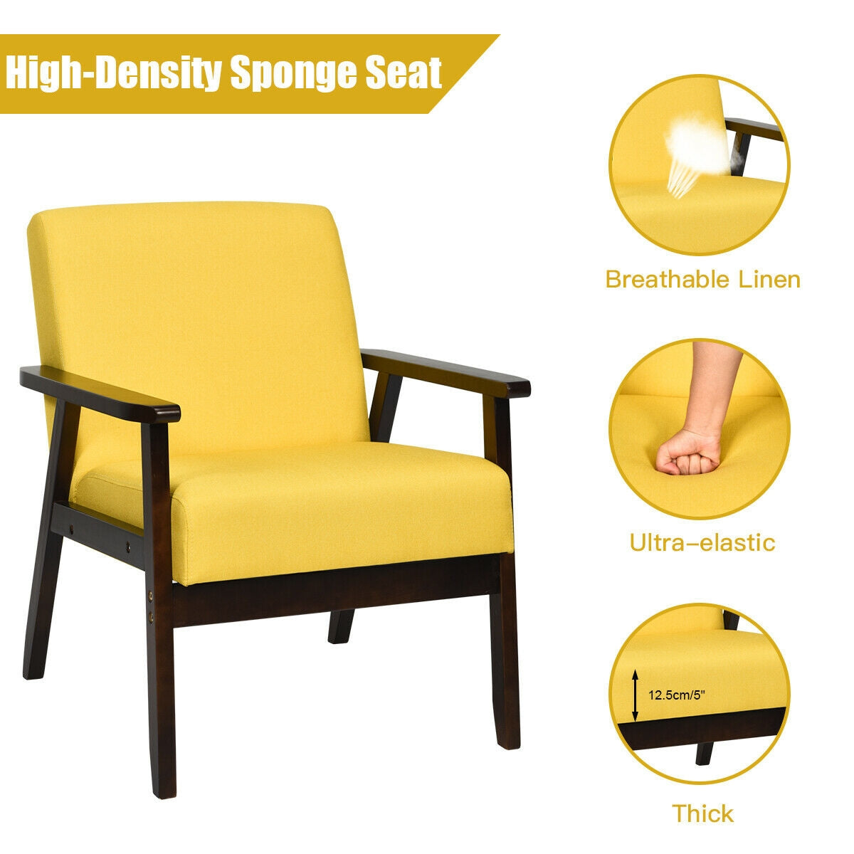 Solid Rubber Wood Fabric Accent Armchair-Yellow