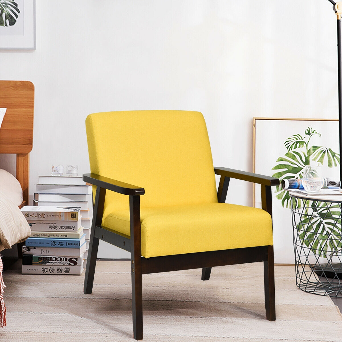 Solid Rubber Wood Fabric Accent Armchair-Yellow