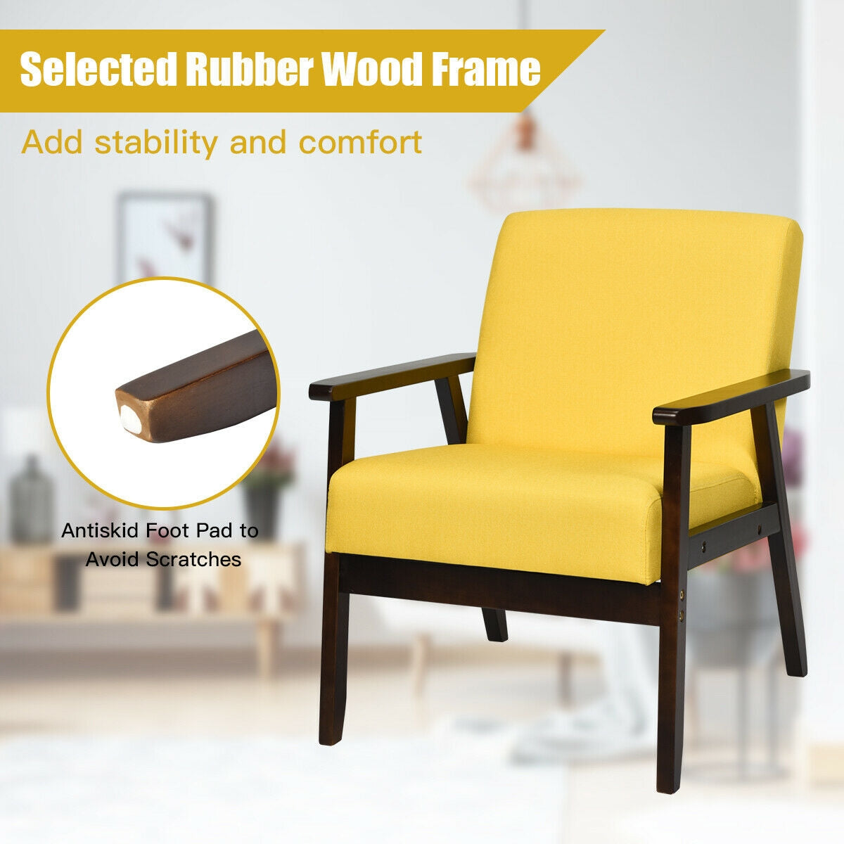 Solid Rubber Wood Fabric Accent Armchair-Yellow