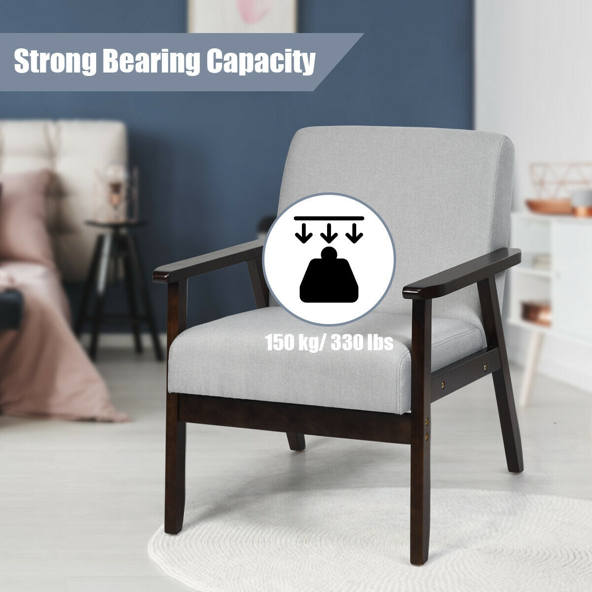 Solid Rubber Wood Fabric Accent Armchair-Light Gray