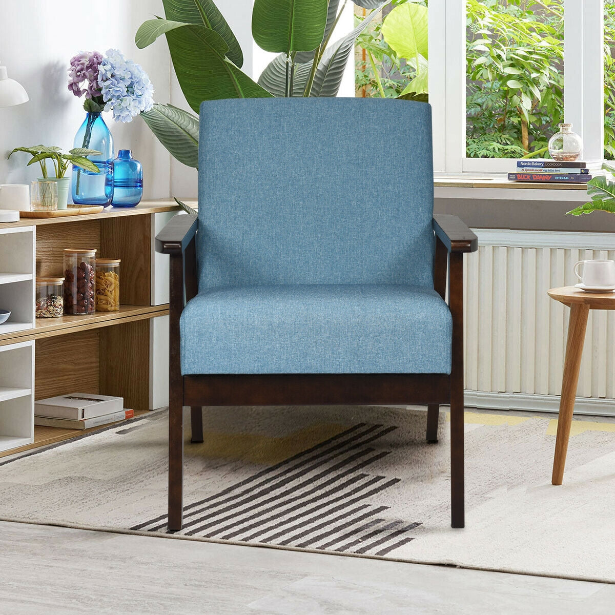 Solid Rubber Wood Fabric Accent Armchair-Blue