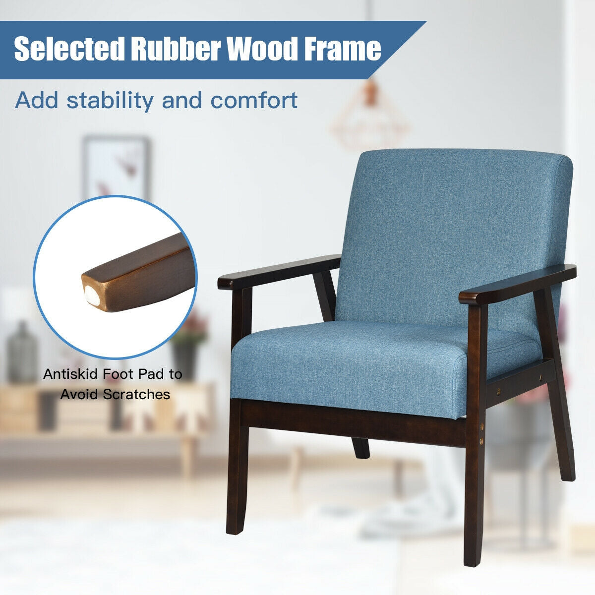 Solid Rubber Wood Fabric Accent Armchair-Blue