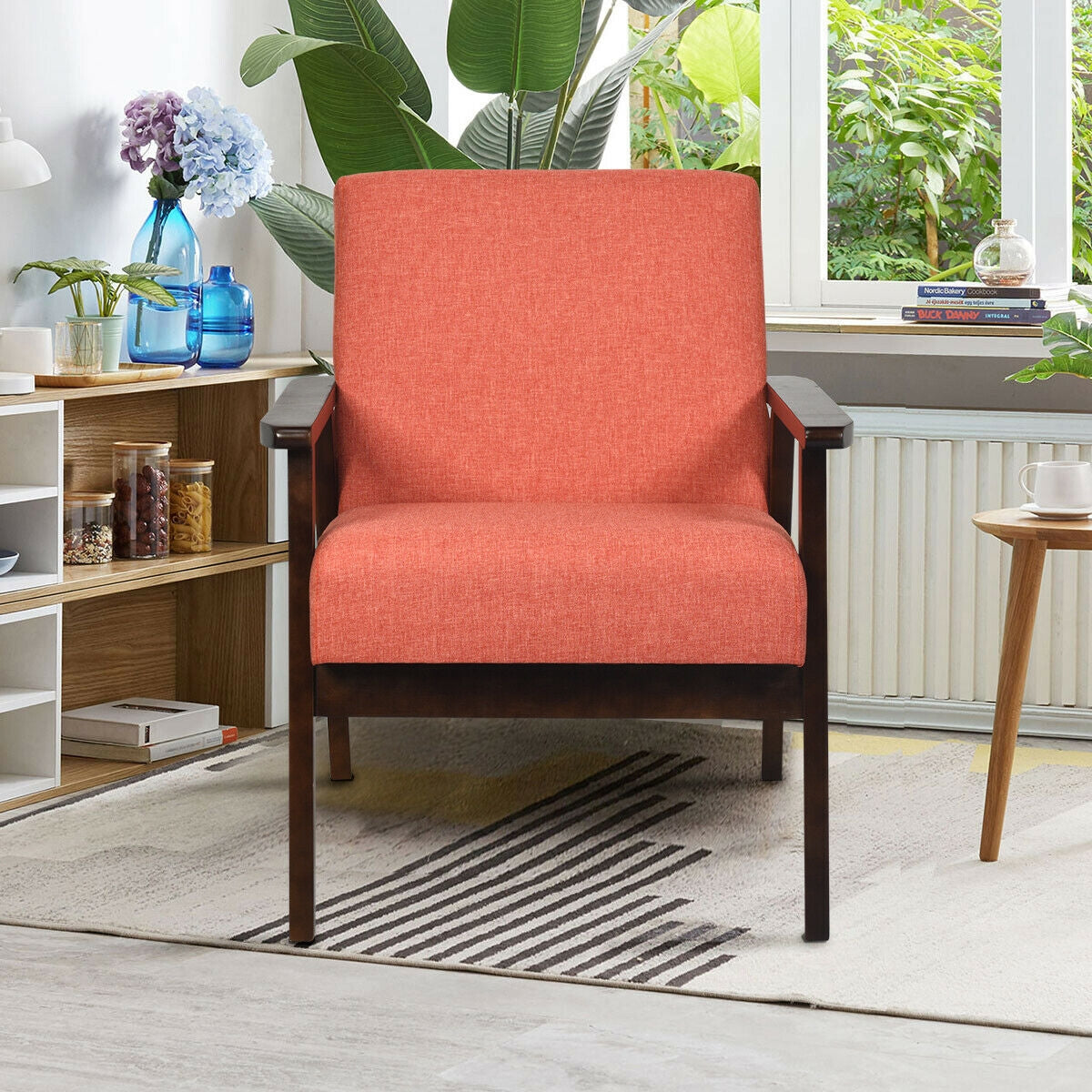 Solid Rubber Wood Fabric Accent Armchair-Orange