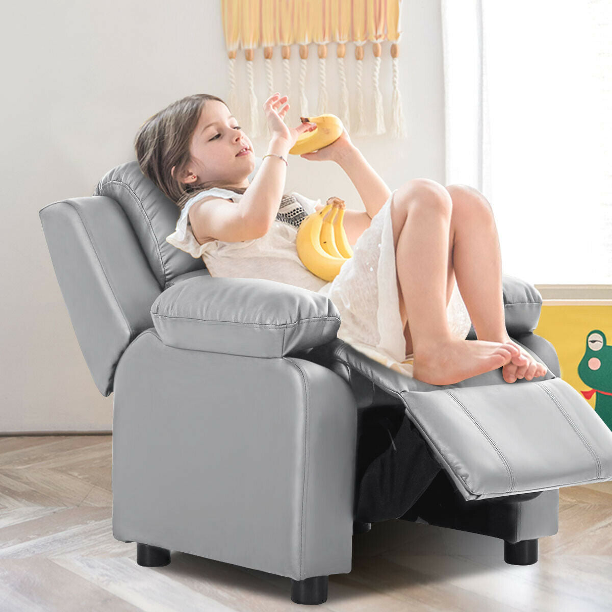 Kids Deluxe Headrest  Recliner Sofa Chair with Storage Arms-Gray