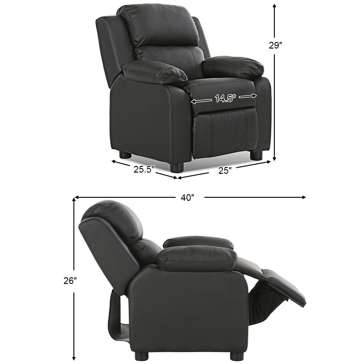 Kids Deluxe Headrest  Recliner Sofa Chair with Storage Arms-Black