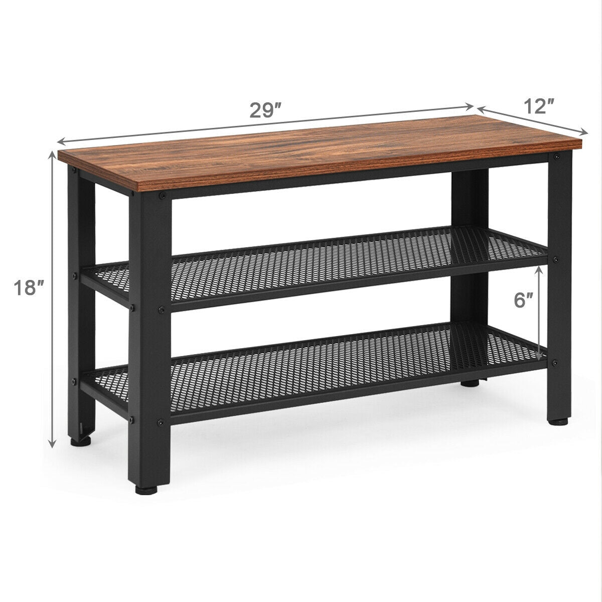 3-Tier Shoe Rack Industrial Shoe Bench with Storage Shelves-Brown