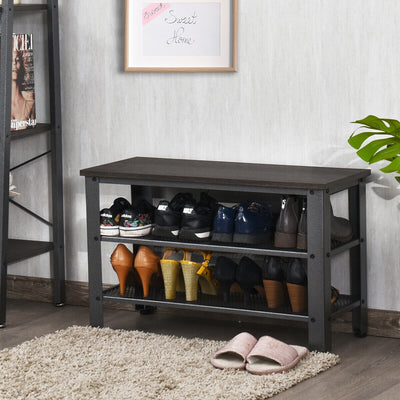 3-Tier Shoe Rack Industrial Shoe Bench with Storage Shelves-BlackÂ 