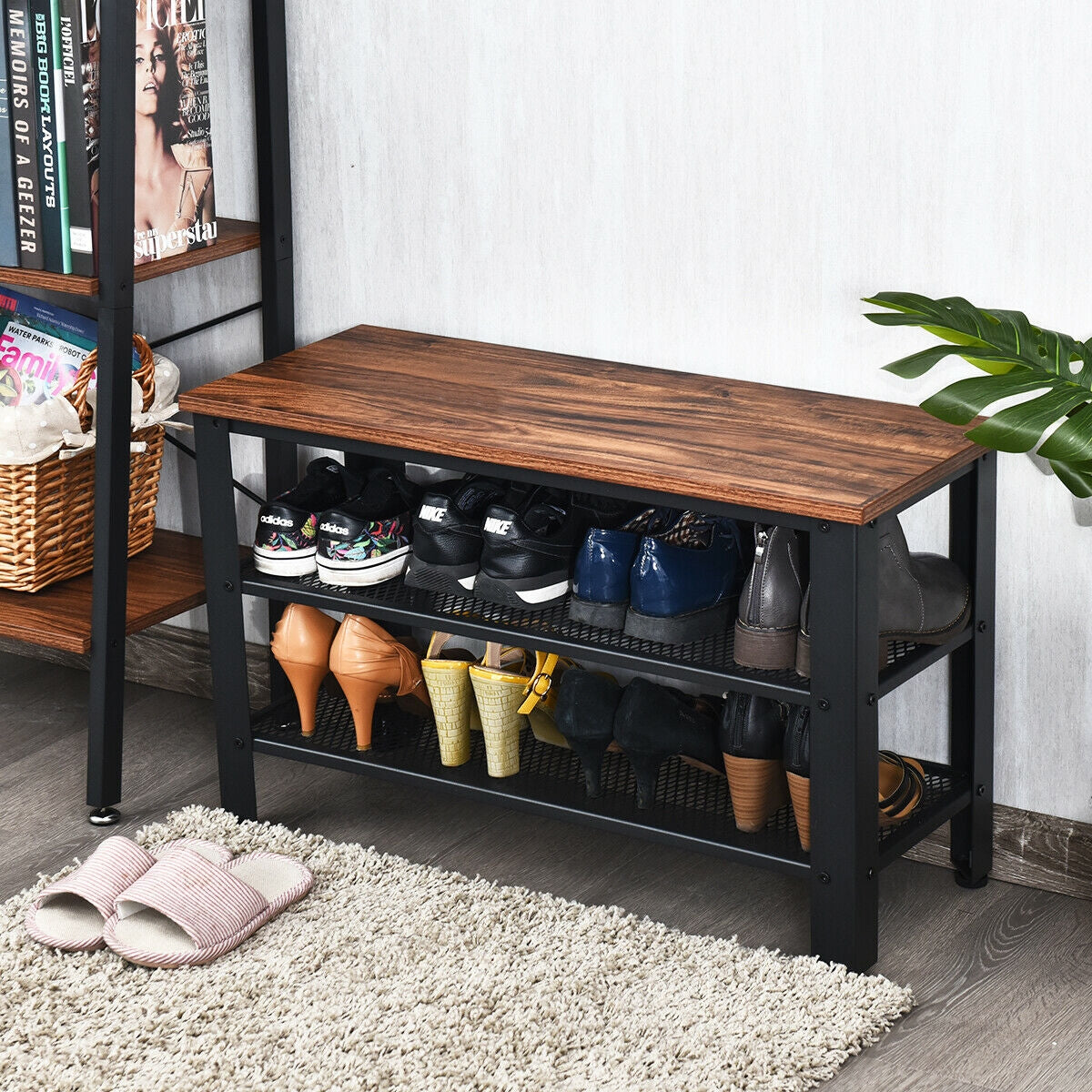 3-Tier Shoe Rack Industrial Shoe Bench with Storage Shelves-BrownÂ 