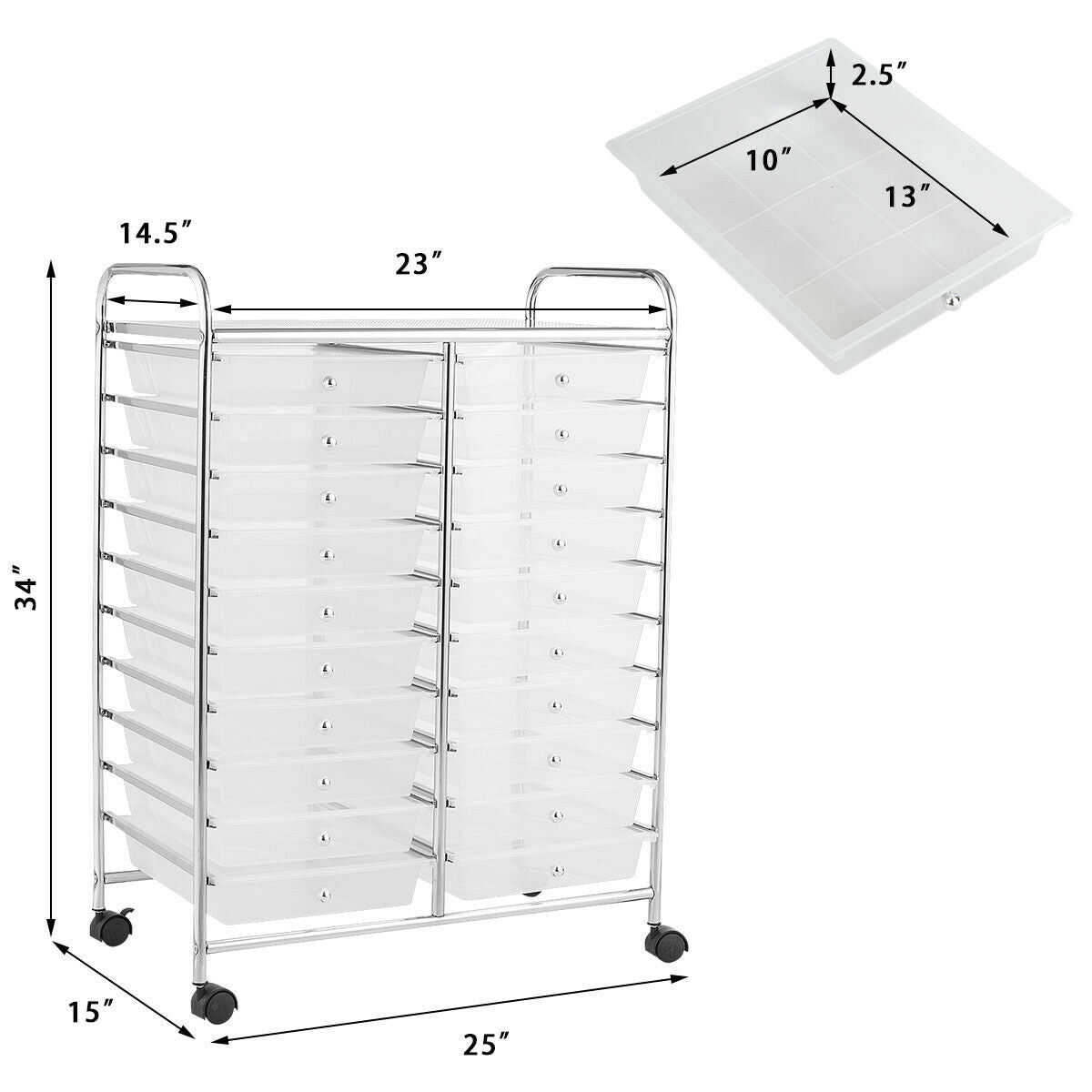 20 Drawers Storage Rolling Cart Studio Organizer-Clear