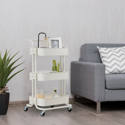 3-Tier Metal Rolling Storage Cart Trolley 2 Brakes with Handle-WhiteÂ 