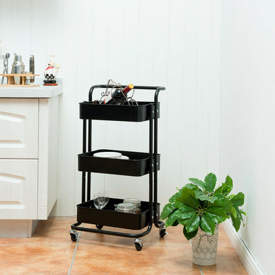 3-Tier Metal Rolling Storage Cart Trolley 2 Brakes with Handle-BlackÂ 