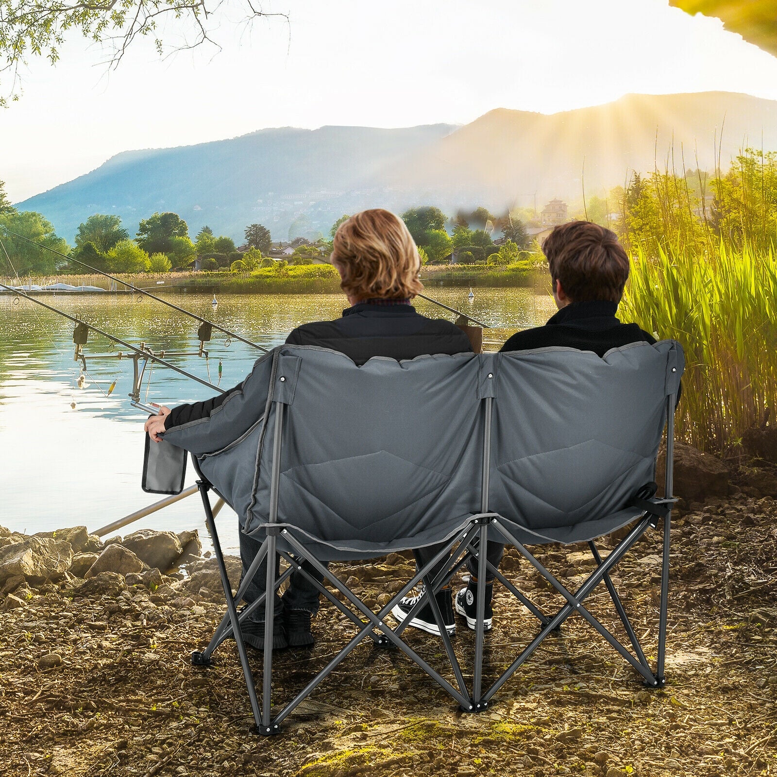 Folding Camping Chair with Bags and Padded Backrest-GrayÂ 