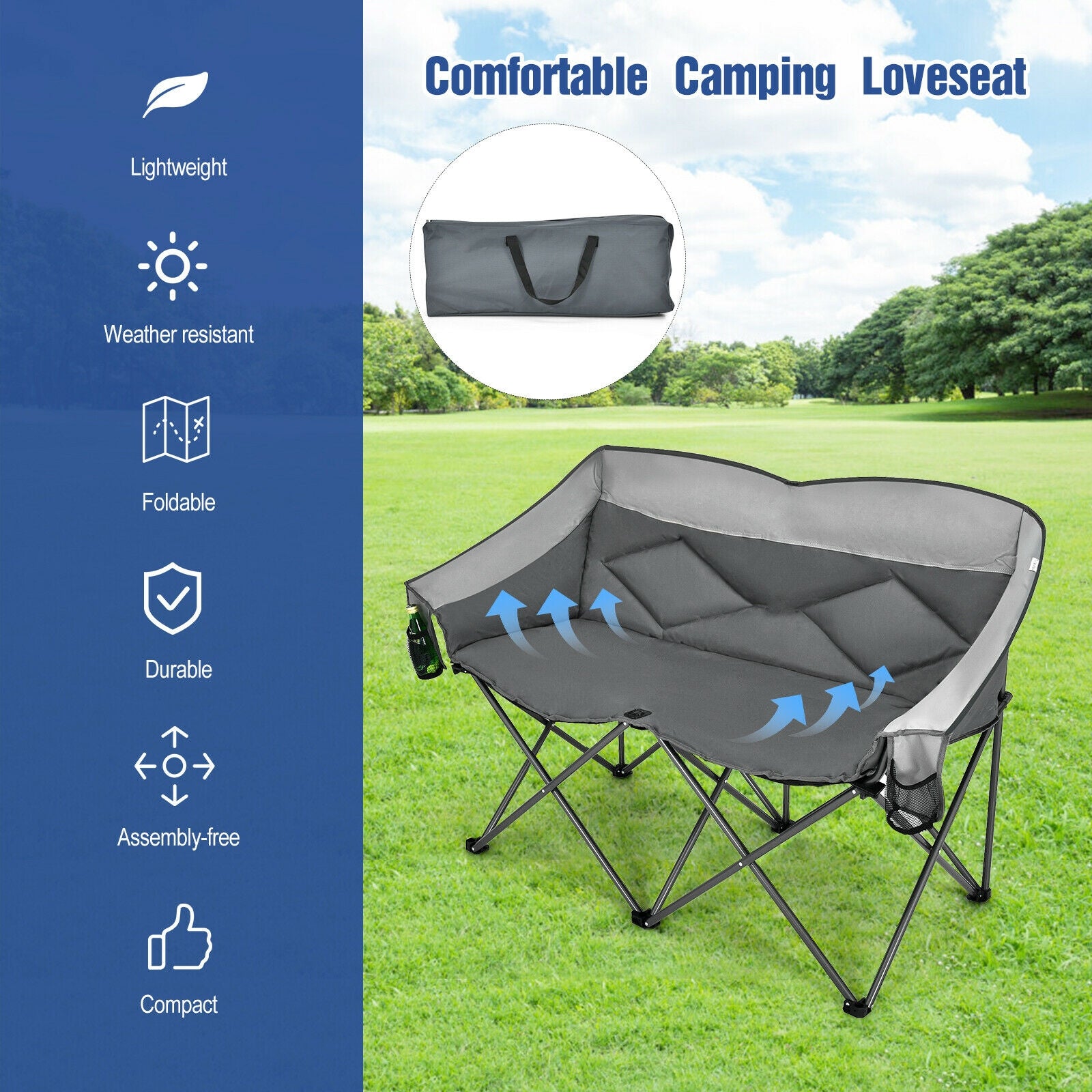 Folding Camping Chair with Bags and Padded Backrest-Gray