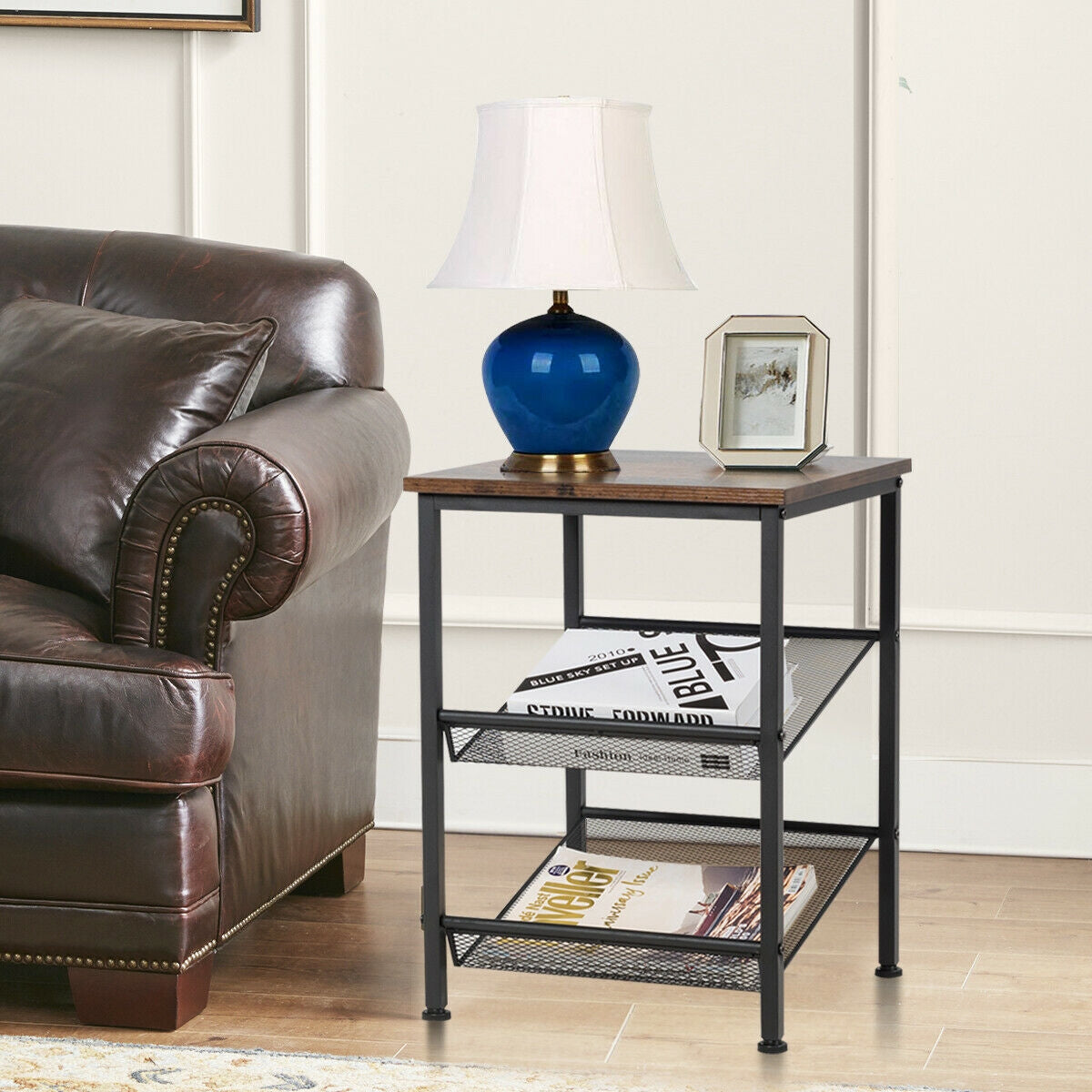 3-Tier Industrial End Table with Mesh Shelves and Adjustable ShelvesÂ 