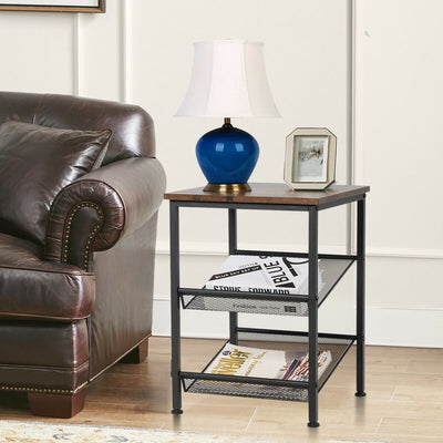 3-Tier Industrial End Table with Mesh Shelves and Adjustable ShelvesÂ 