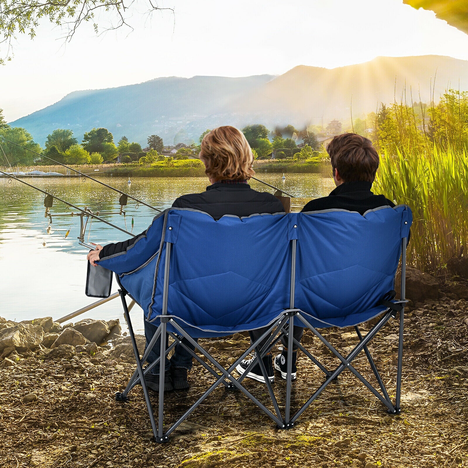 Folding Camping Chair with Bags and Padded Backrest-BlueÂ 