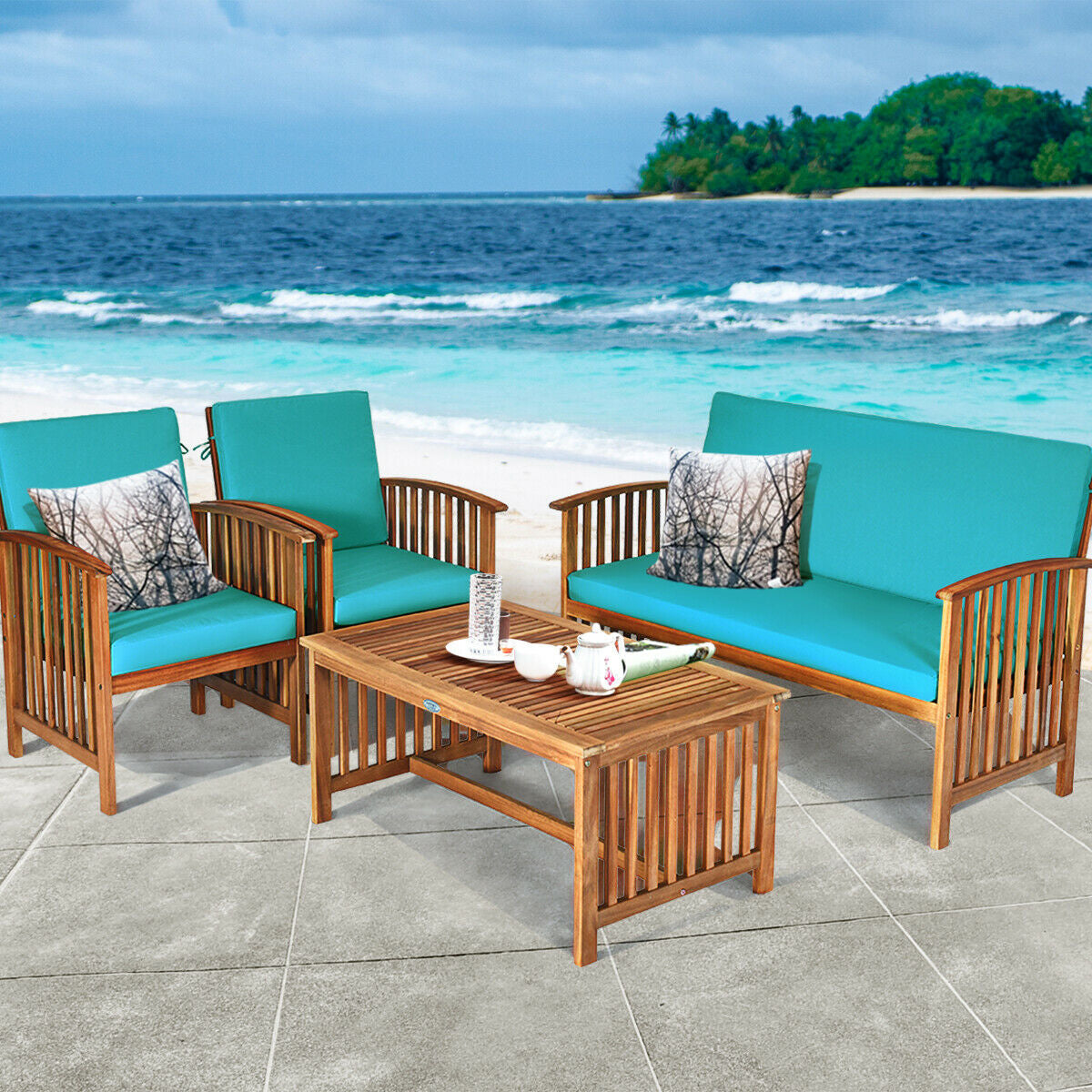 4PCS Patio Solid Wood Furniture Set-Blue