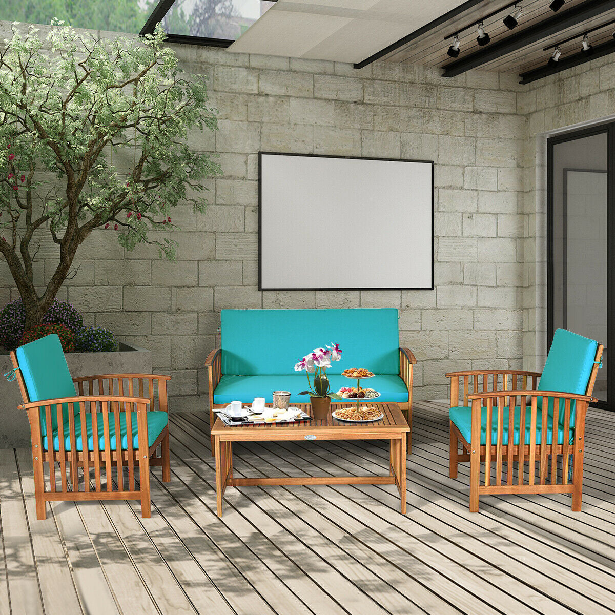 4PCS Patio Solid Wood Furniture Set-Blue