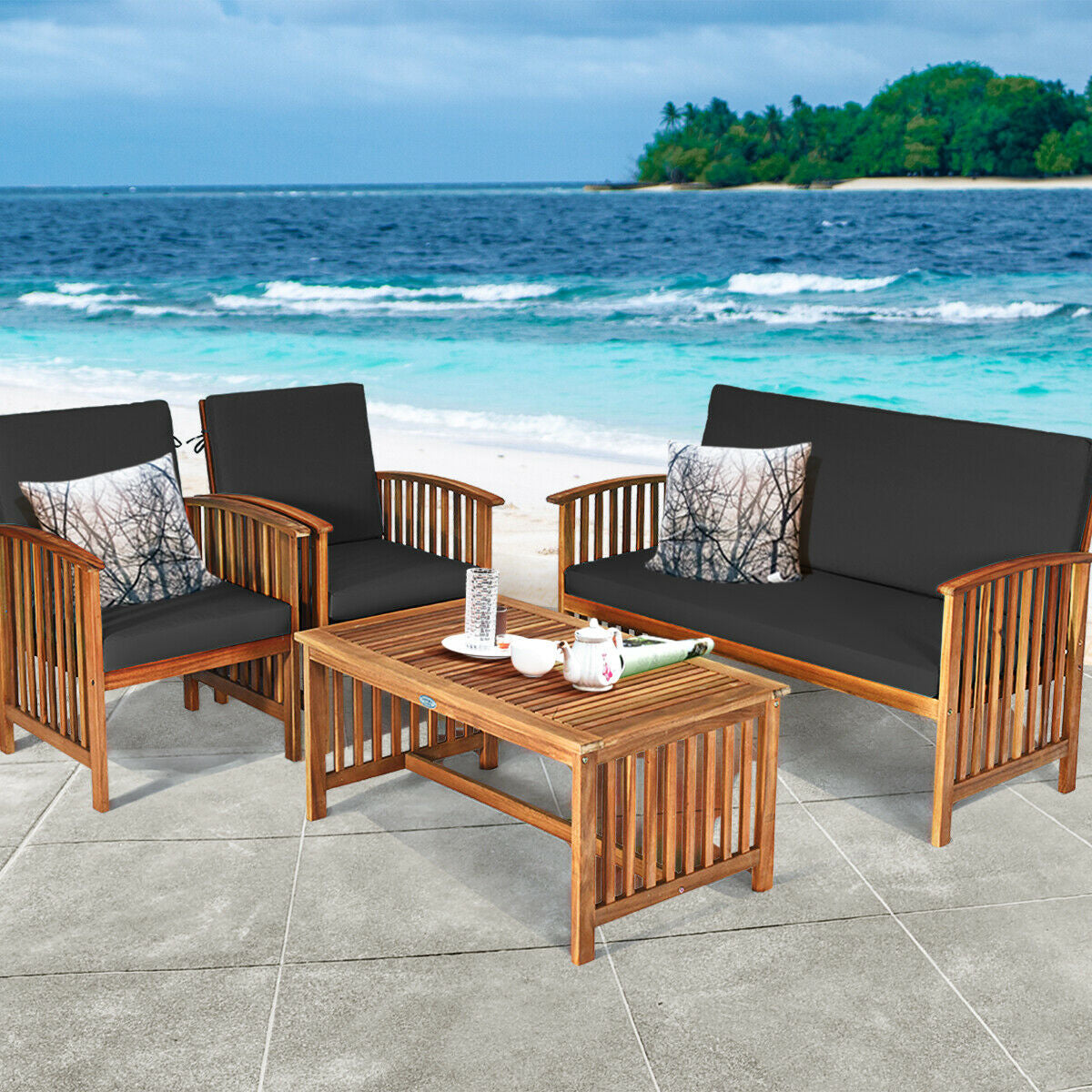 4PCS Patio Solid Wood Furniture Set-Black