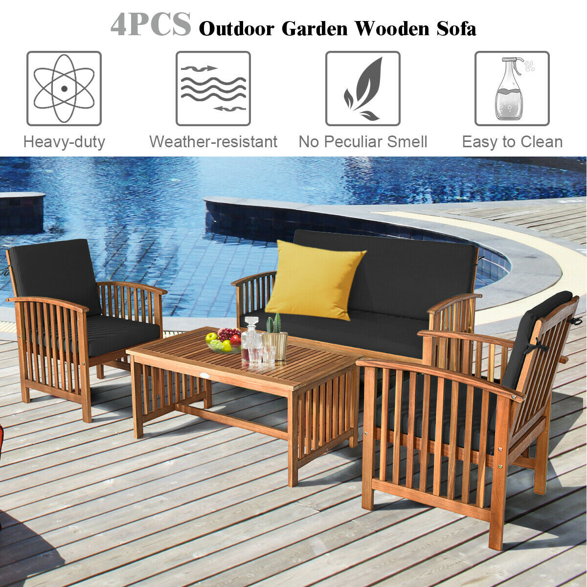 4PCS Patio Solid Wood Furniture Set-Black