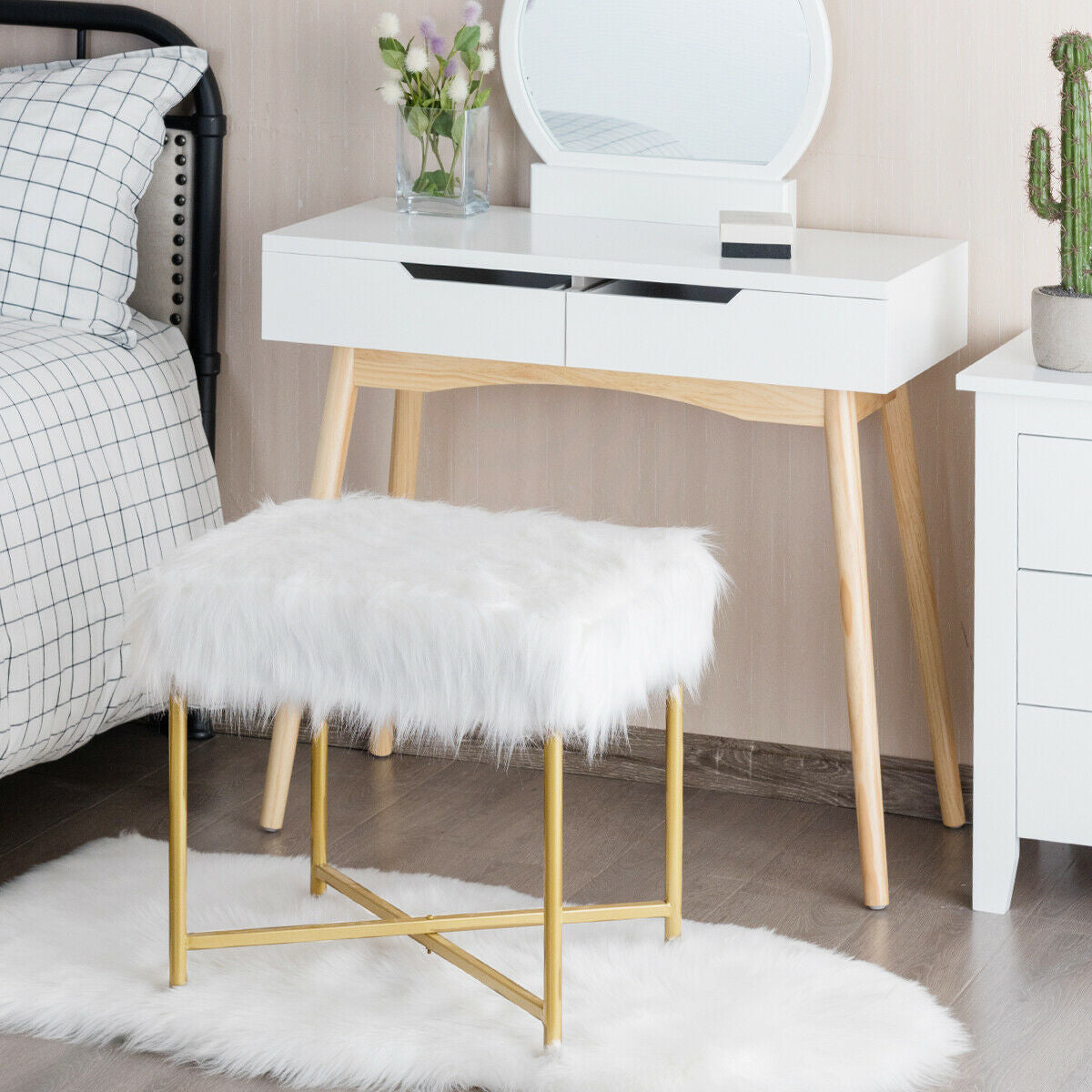 Faux Fur Ottoman Decorative Stool with Metal Legs