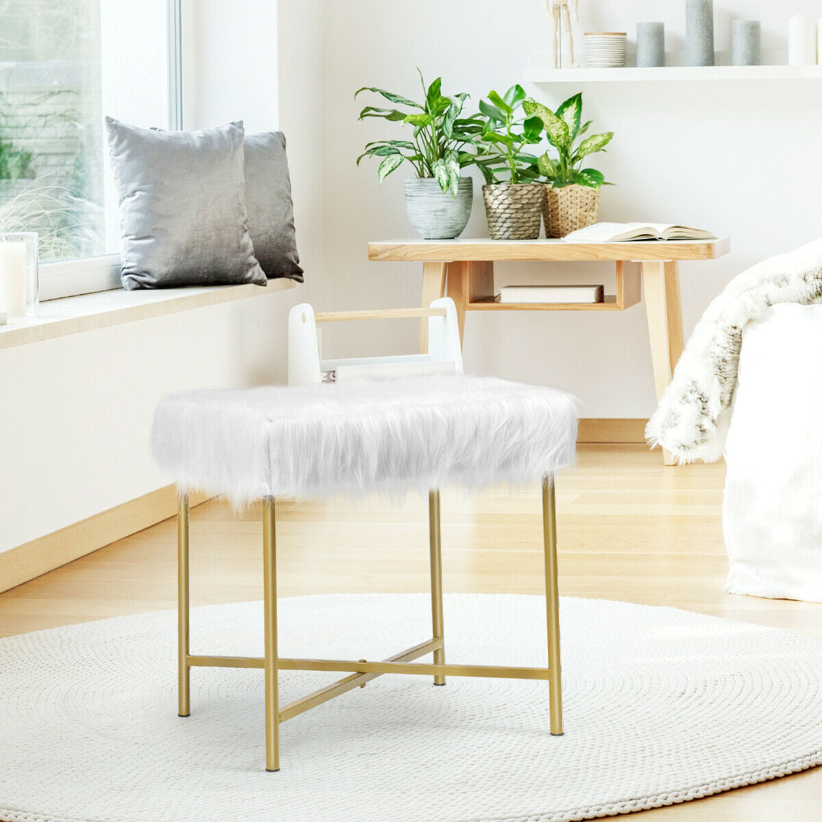 Faux Fur Ottoman Decorative Stool with Metal Legs