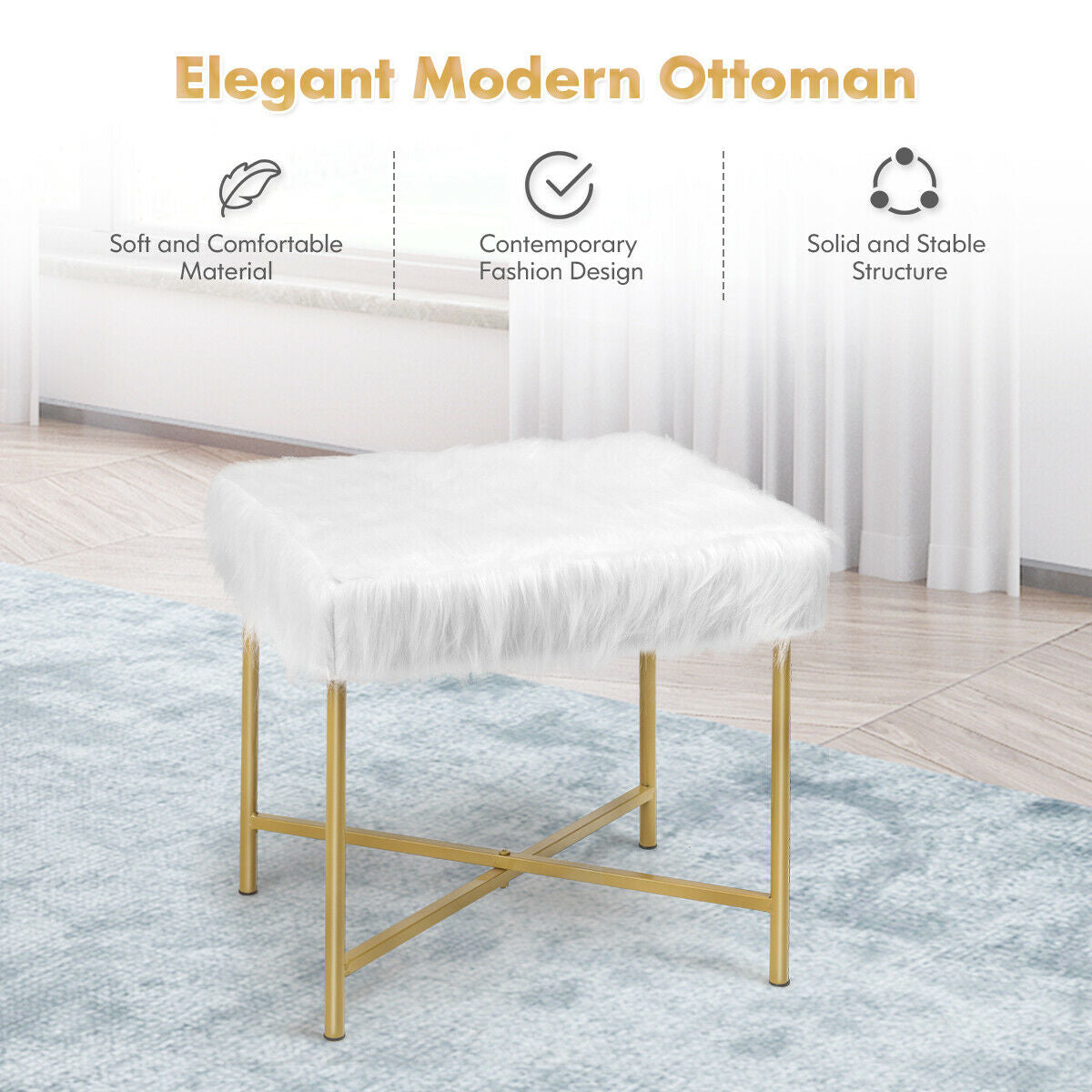 Faux Fur Ottoman Decorative Stool with Metal Legs