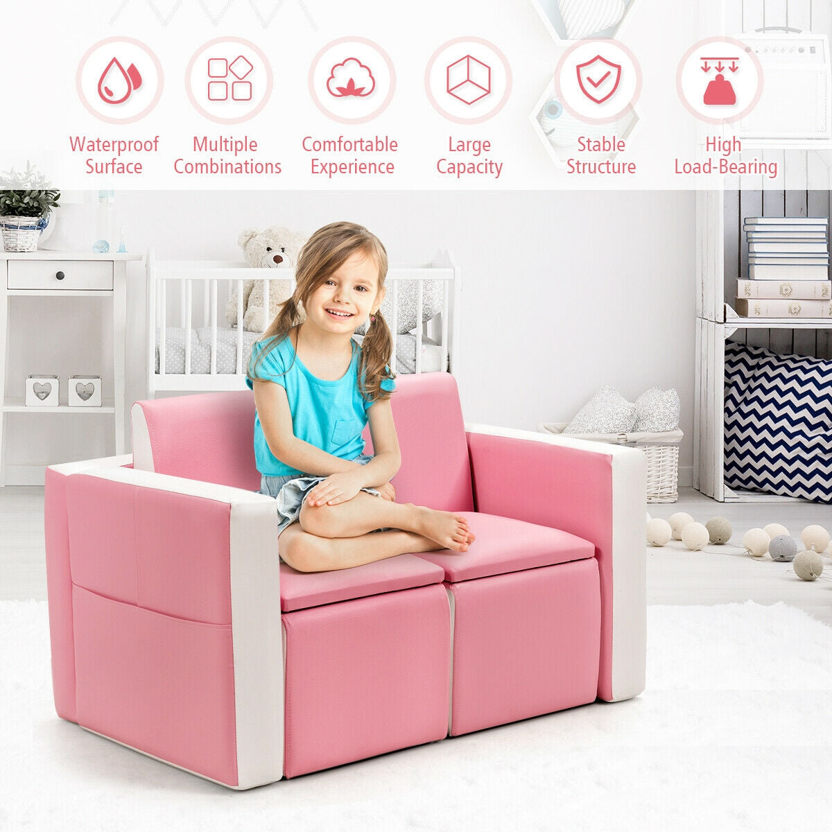 Multi-functional Kids Sofa Table Chair Set-Pink