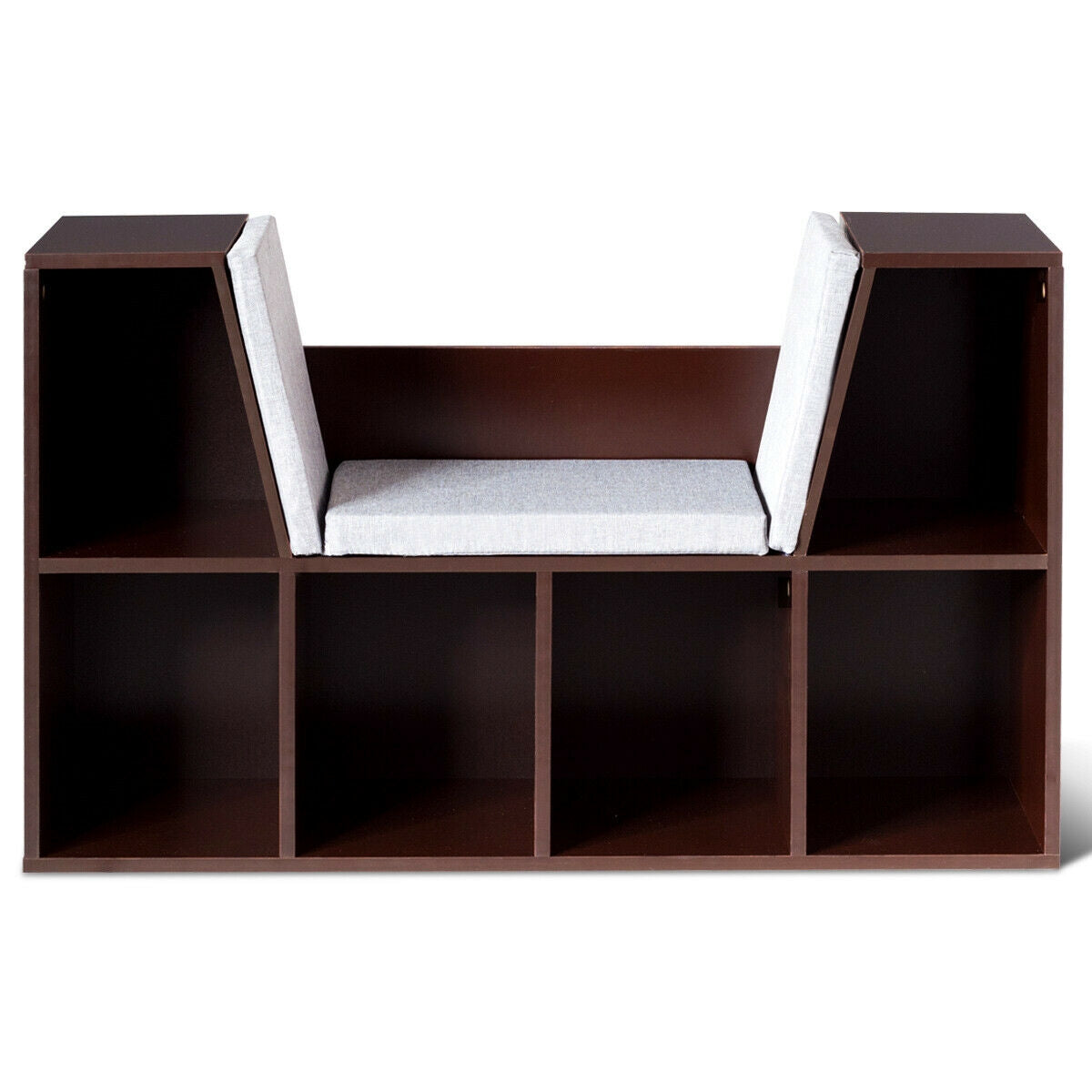 6-Cubby Kid Storage Bookcase Cushioned Reading Nook-Brown