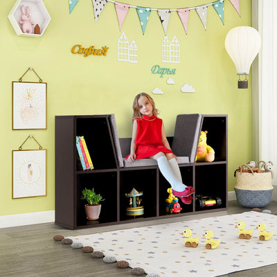 6-Cubby Kid Storage Bookcase Cushioned Reading Nook-BrownÂ 