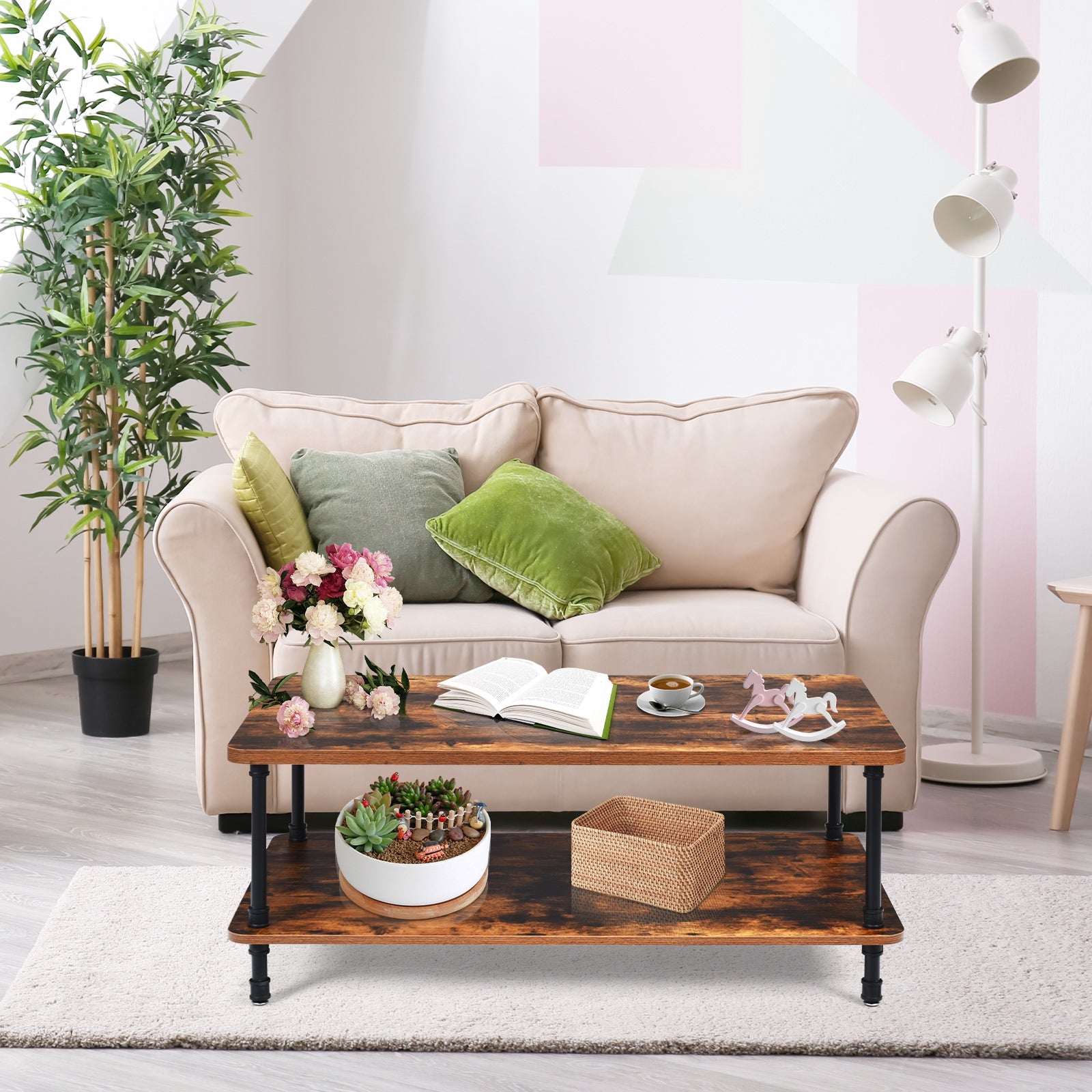 Industrial Vintage Coffee Table with 2-Tier Storage ShelfÂ 