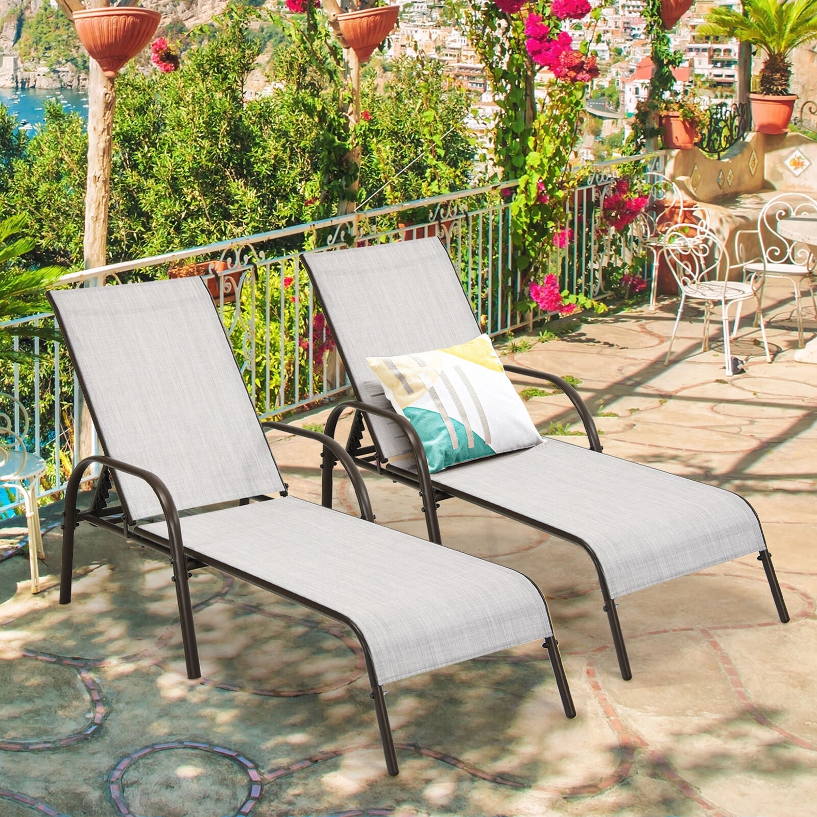 2 Pieces Outdoor Patio Lounge Chair Chaise Fabric with Adjustable Reclining Armrest-GrayÂ 