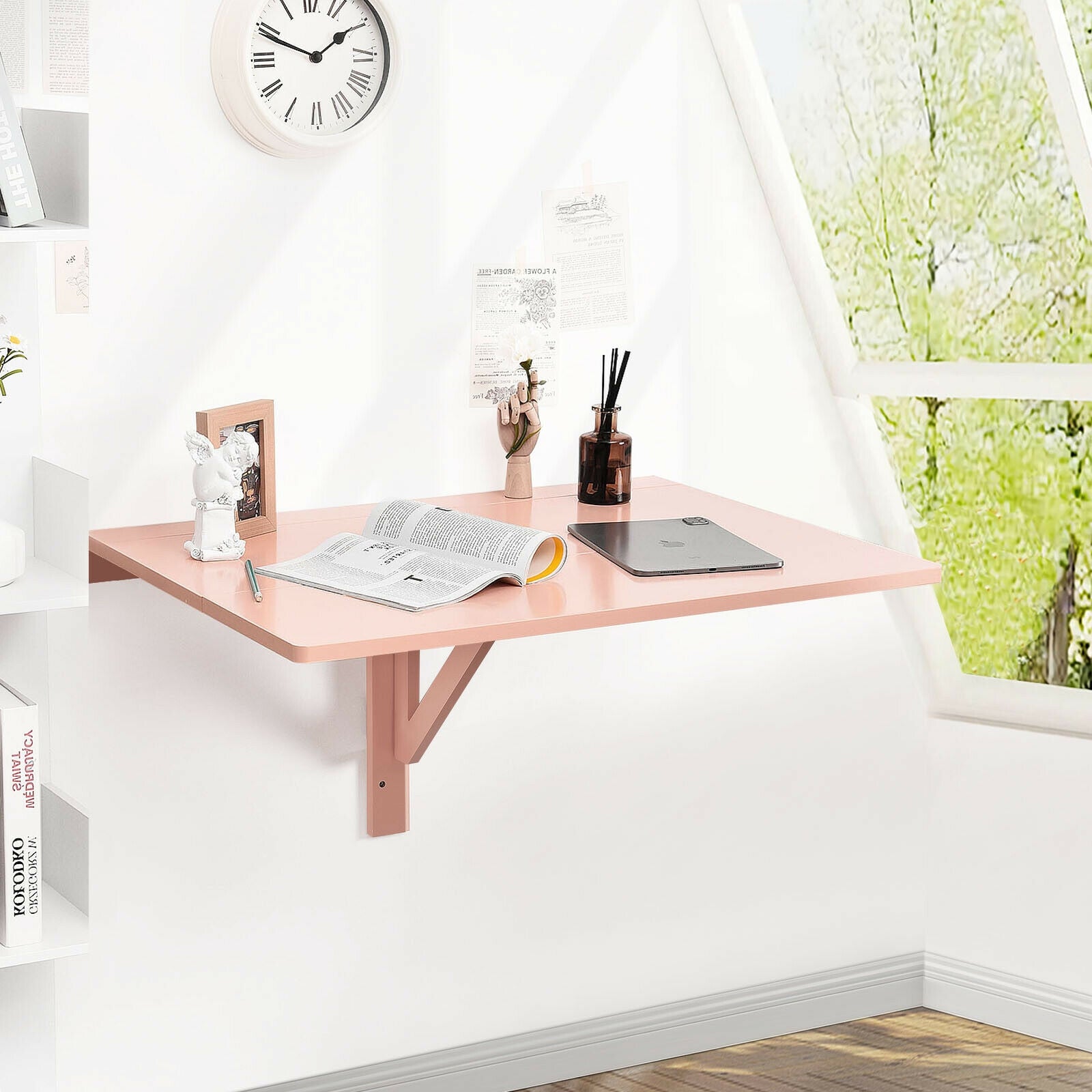 Space Saver Folding Wall-Mounted Drop-Leaf Table-PinkÂ 