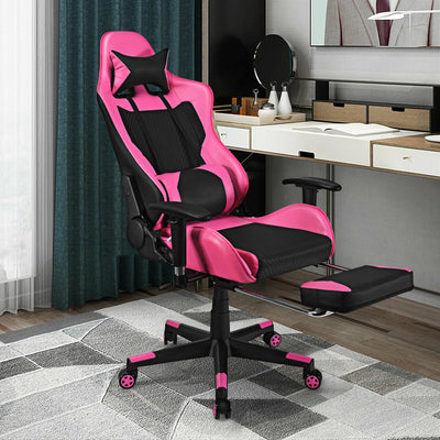PU Leather Gaming Chair with USB Massage Lumbar Pillow and Footrest-PinkÂ 