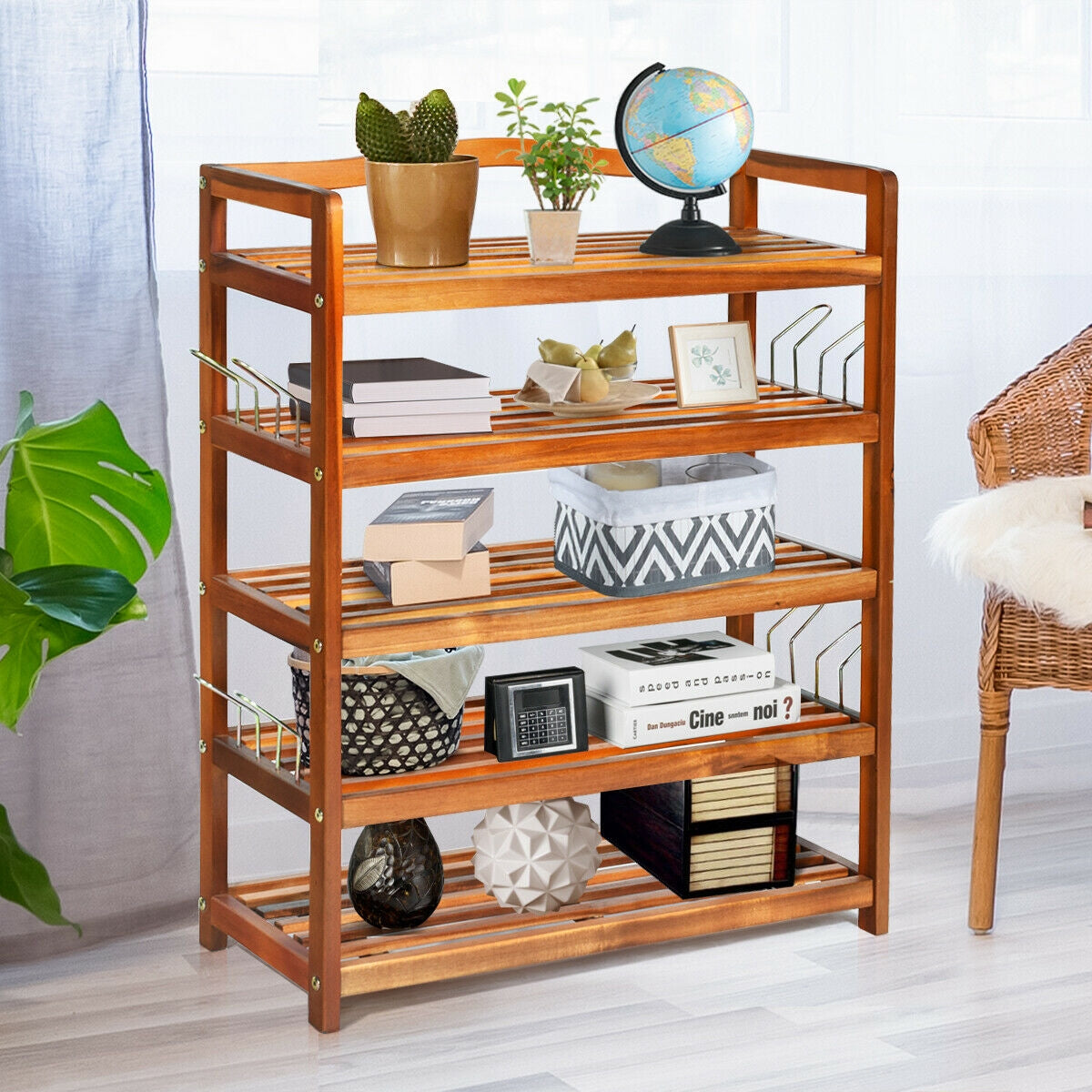 5-Tier Acacia Wood Shoe Rack with Side Metal Hooks