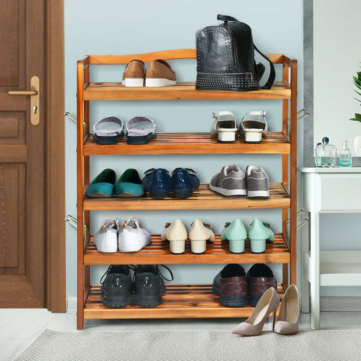 5-Tier Acacia Wood Shoe Rack with Side Metal Hooks