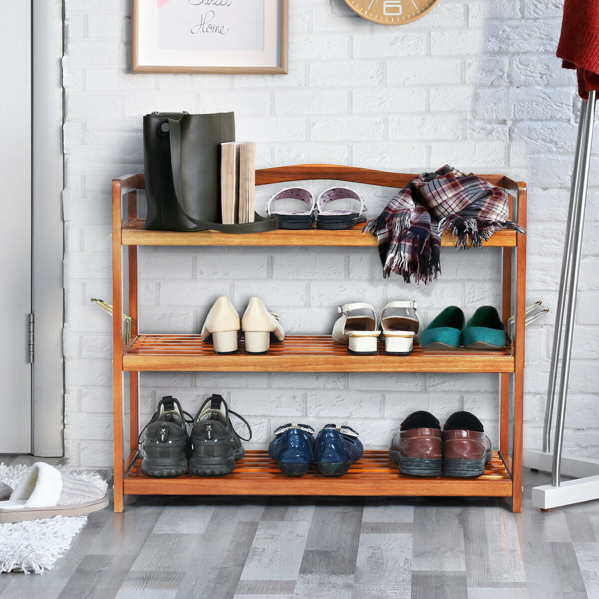 3-Tier Acacia Wood Shoe Rack with Side Metal Hooks