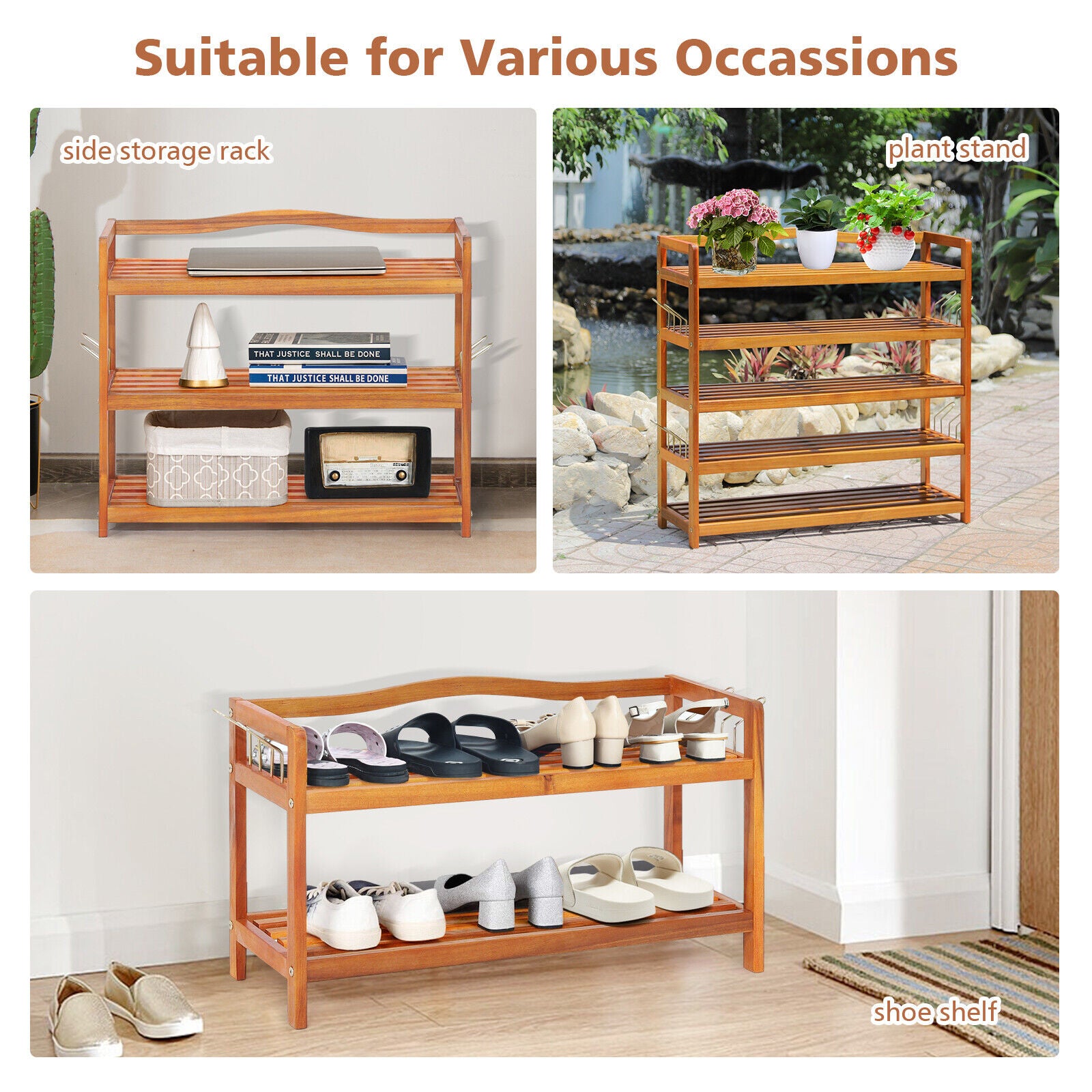 2-Tier Acacia Wood Shoe Rack with 4 Side Metal Hooks