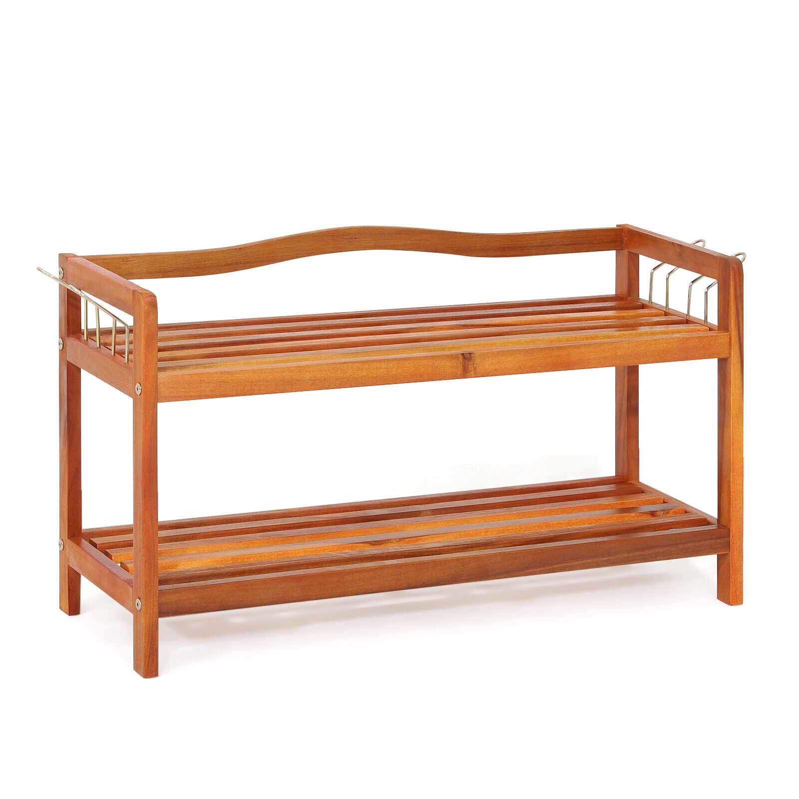 2-Tier Acacia Wood Shoe Rack with 4 Side Metal Hooks